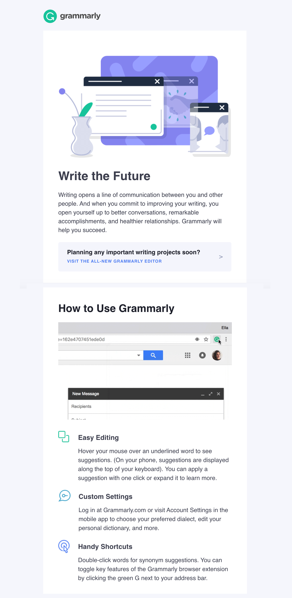 Welcome email - a good example from Grammarly
