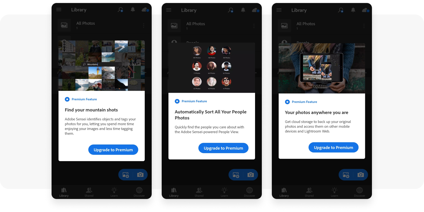 In-apps promoting premium features from Lightroom