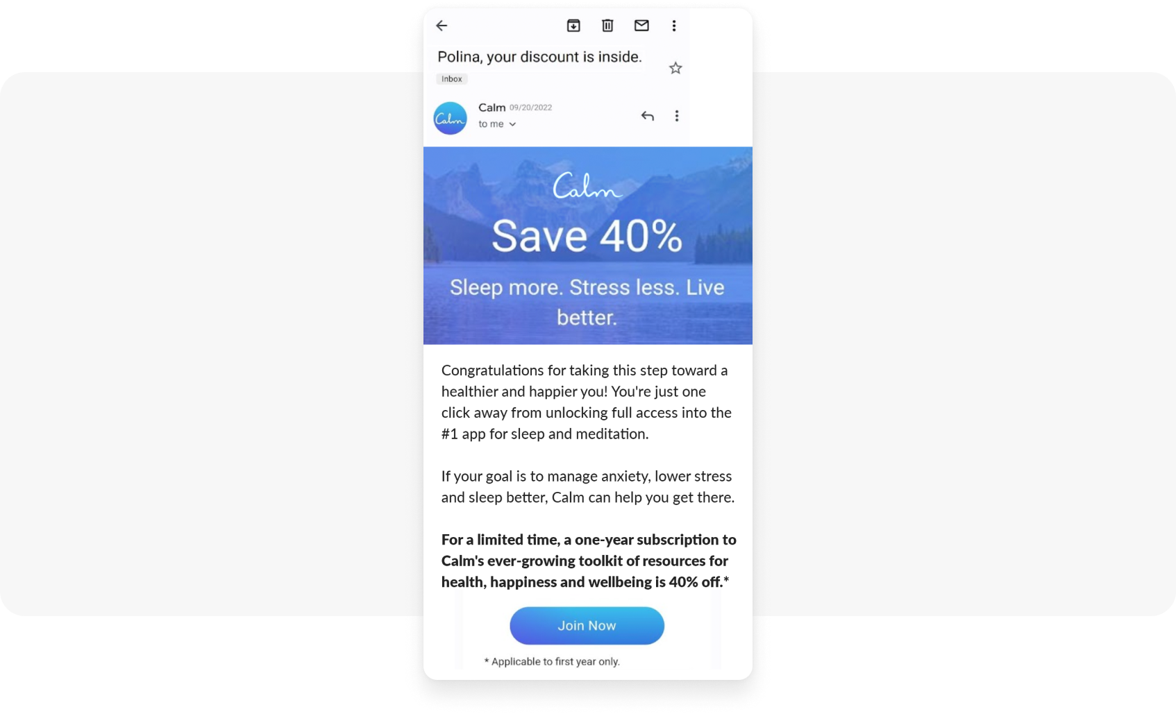 Special offer email from a meditation app