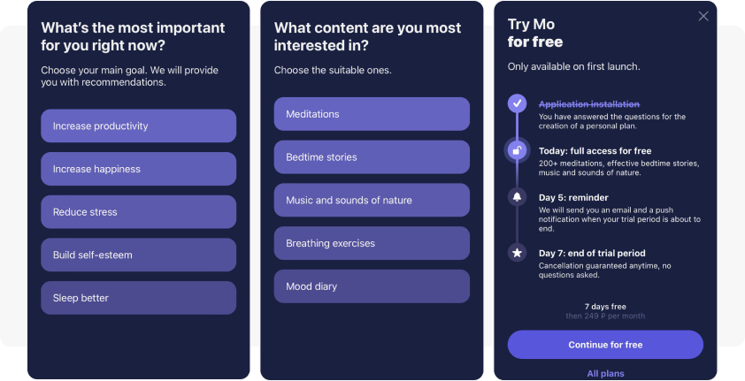 Onboarding in-apps by meditation app Mo
