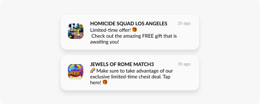 Push notification with limited-time offer: gaming app examples