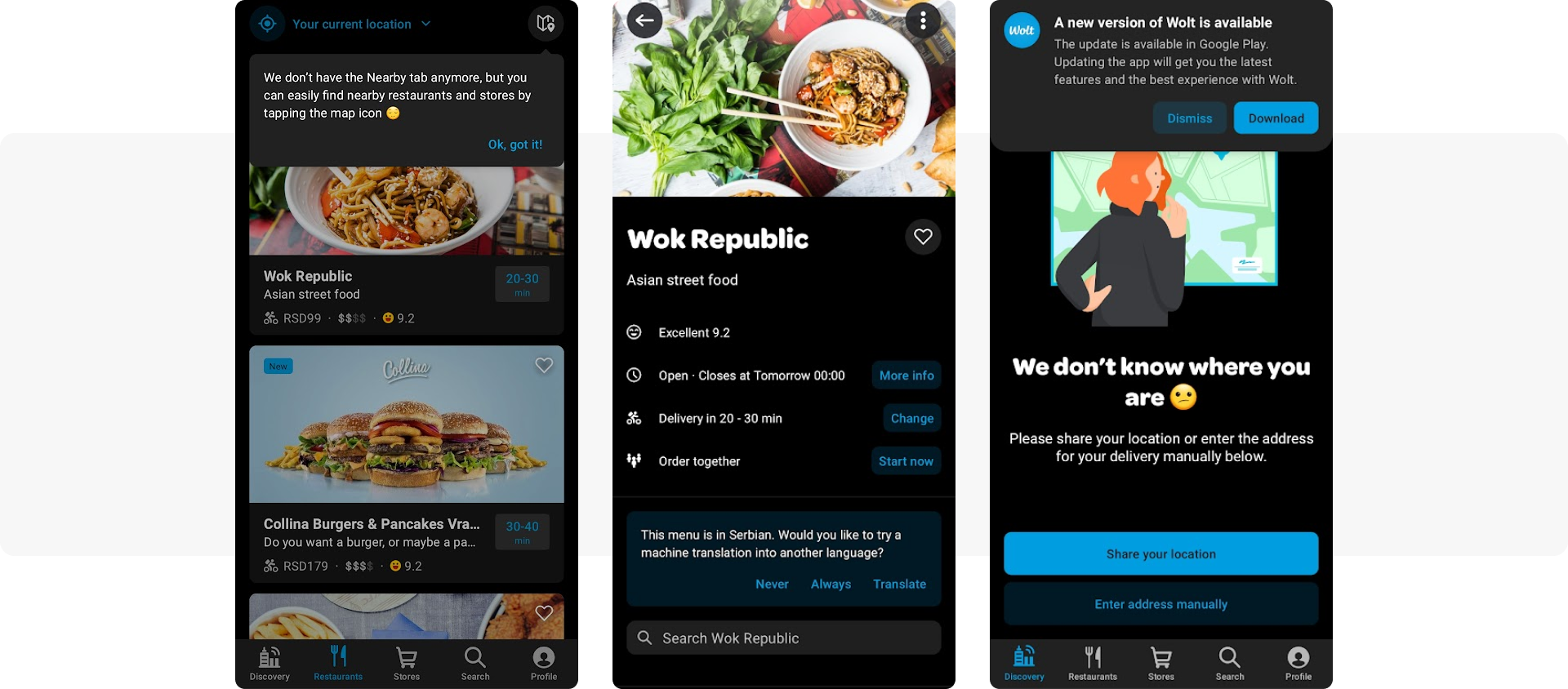 In-app messages to navigate users - Wolt food delivery app