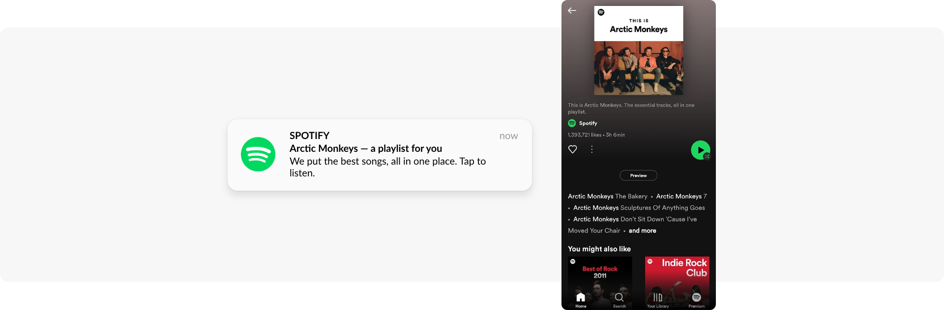 A push notification from Spotify takes a user to a personalized playlist