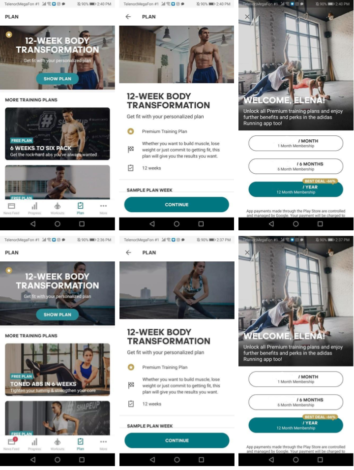 Personalized user onboarding and subscription offer based on the user's gender - Adidas Training example