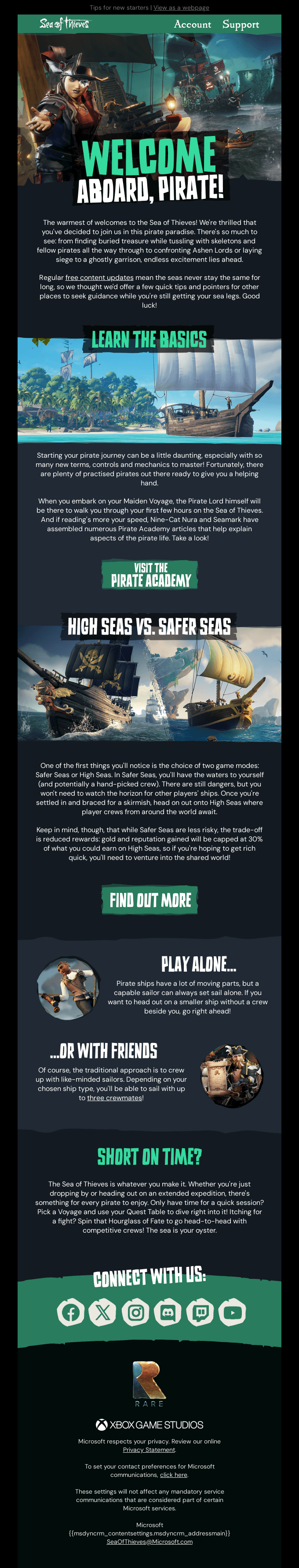 Personalized user onboarding email - Sea of Thieves examples