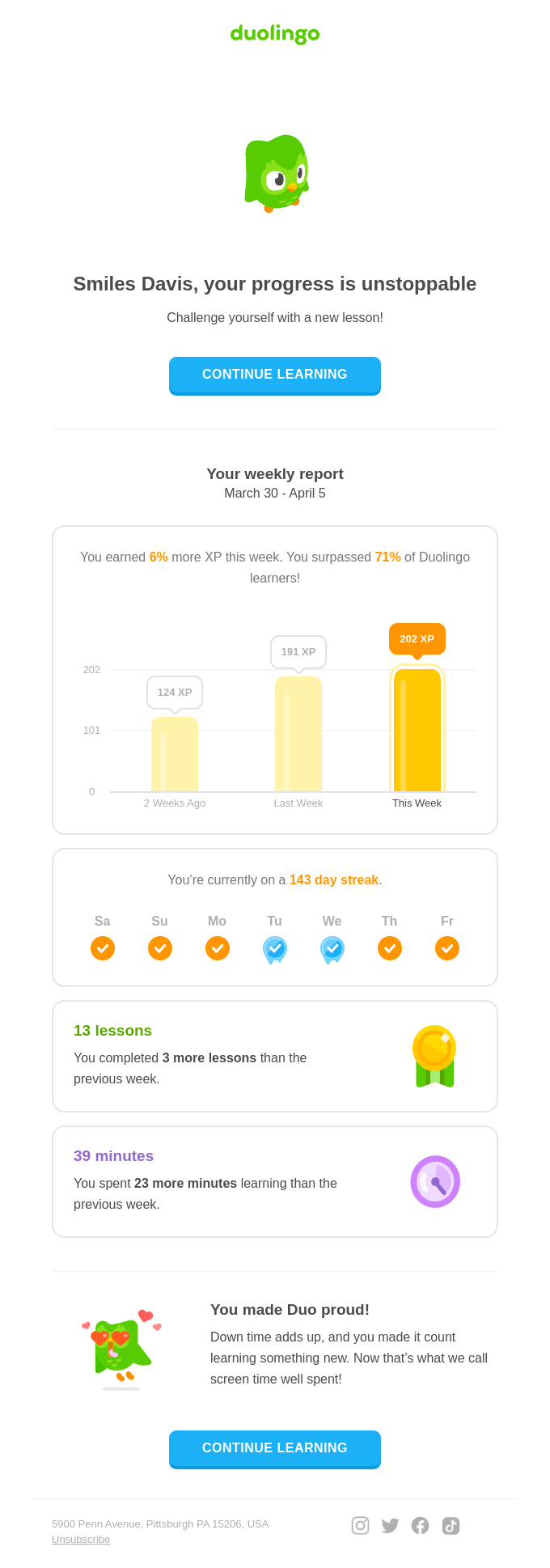 Personalized app user retention email - Duolingo example
